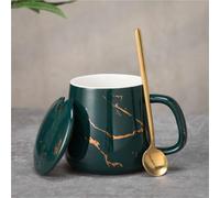 Tasses à café en céramique avec poignée, tasse à thé en porcelaine, couvercle et cuillère en bois, tasse en céramique mate pour la maison, le bureau, 12oz (marble green, 1pcs)