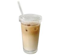 Tasses à café glacé en verre avec couvercles et pailles - Verres nervurés | Gobelets à soda | Verre de qualité alimentaire - Accessoires portables pour thé, bière, whisky, cocktails, soda (7,8 x 7,8 x