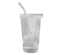 Tasses à café glacé en verre avec couvercles et pailles - Verres nervurés | Gobelets à soda | Verre de qualité alimentaire - Accessoires portables pour thé, bière, whisky, cocktails, soda (7,8 x 7,8 x