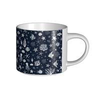 Tasses à café, petit-déjeuner, lait d'avoine, thé, grande tasse en céramique, animaux marins, poissons, étoiles de mer, conques, dessin animé, nautique, été, vie océanique,Blanc,Taille unique