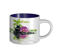 Tasses à café, tasse à lait d'avoine, tasse à thé, grande tasse en céramique, bien-être asiatique avec pierres de massage zen, orchidée violette,Bleu marine,Taille unique