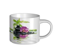 Tasses à café, tasse à lait d'avoine, tasse à thé, grande tasse en céramique, bien-être asiatique avec pierres de massage zen, orchidée violette,Blanc,Taille unique