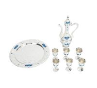 Tasses à thé à cafetière vintage de style luxe rétro en métal tasses multipurposées pour la table basse du bar de mariage à la maison alliage zinc 6 tasses 1 pot 1 plateau (Sliver Blanc Bleu)