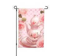 Tasses à thé avec roses Drapeau de jardin romantique et minable Drapeaux de jardin de printemps Drapeau de jardin de la Saint-Patrick Décoration extérieure 12 pouces x 18 pouces Drapeau en fibre de po