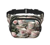 Tasses à thé avec roses imprimé romantique sac banane avec sangle réglable carré double couche ceinture unisexe partout