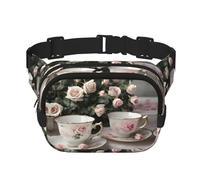 Tasses à thé avec roses - Imprimé shabby romantique - Sac banane pour femme - Sac banane pour le quotidien, le voyage, la course à pied, la chasse pour adultes, noir, One Size