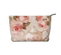 Tasses à thé avec roses romantiques en velours côtelé, trousse de maquillage, petite pochette de toilette, trousse de maquillage de voyage multifonctionnelle pour femme