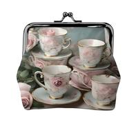 Tasses à thé avec roses romantiques imprimées, mini porte-monnaie pour femme, petit porte-monnaie pour carte de crédit, carte d'identité, clé, noir, One Size, Vintage