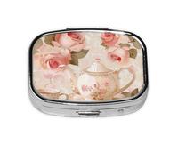 Tasses à thé avec roses romantiques - Organiseur carré avec 2 compartiments - Mini pilulier portable pour médicaments, vitamines, huile de poisson et compléments alimentaires