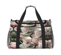 Tasses à thé avec roses romantiques sac de voyage avec fermetures éclair et poignées, grand sac de sport pliable pour vacances en famille, Noir , Taille unique