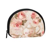 Tasses à thé avec roses romantiques shabby imprimé porte-monnaie, porte-monnaie portable avec fermeture éclair, sac à cosmétiques, porte-monnaie, porte-monnaie, mini sac de maquillage pour femme pour