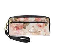Tasses à thé avec roses romantiques - Style shabby - Pour femme et maman - Trousse de maquillage élégante et portable en cuir - Cadeau mignon - Trousse de toilette de voyage avec fermeture éclair,
