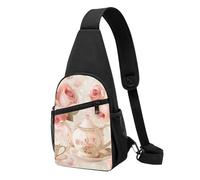 Tasses à thé avec roses - Sac de poitrine romantique imprimé shabby - Sac à bandoulière pour homme et femme - Sac banane d'extérieur - Sac banane pour la randonnée, le sport, Noir , Taille unique, Sac