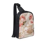 Tasses à thé avec roses - Sac de poitrine romantique imprimé shabby - Sac à bandoulière pour homme et femme - Sac à dos étanche pour coureur, entraînement, randonnée, cyclisme, voyage, Noir , Taille