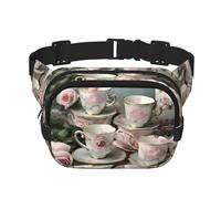 Tasses à thé avec roses Sacs banane romantiques pour homme et femme, sacs banane tendance pour l'entraînement, la course, les voyages, la randonnée, Noir, One size