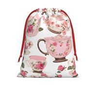 Tasses à thé ornées de roses, style shabby chic, sac cadeau en toile de jute à cordon, motif tartan, étiquette kraft, polyester, grand format. Idéal pour ranger vos cadeaux de Noël.