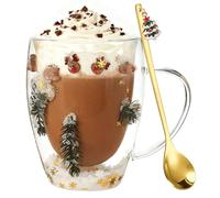 Tasses de Noël en verre, 350 ml Verres de Noël avec cuillère Verres à double paroi pour Noël, tasse à latte Noël Cadeaux pour femmes Verre de Noël Tasses de Noël Cadeaux de Noël（Ren）