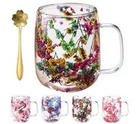 Tasses en verre à double paroi avec fleur séchée de 450 ml, tasses à café à double isolation avec fleur, idée cadeau pour femme, maman, épouse, enseignante, amie