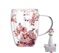 Tasses en verre à double paroi isolées résistantes à la chaleur de 350 ml avec poignée, fleurs sèches, tasses à café en verre à double paroi pour boissons chaudes pour Noël, anniversaire, décoration
