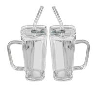 Tasses en verre avec couvercles et pailles, 2pcs 250 ml / 8, 5 oz tasse de paille en verre transparent, tasses à café fuites, gobelet anti-scalding avec poignée pour cocktail de whisky