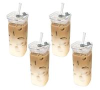 Tasses en verre carré avec couvercles/pailles 4pcs 400 ml 2x5 pouces carrés Bucher la température en verre bouteilles d'eau résistantes pour le jus de café boisson