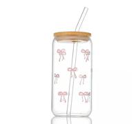 Tasses en verre esthétiques avec couvercles et pailles - Tasse à café glacée à nœud rose, joli gobelet pour smoothie avec brosse de nettoyage, cadeaux pour filles, femmes et amis, 16 oz