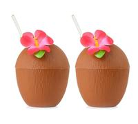 Tasses hawaïennes en noix de coco et ananas - Tasse d'été pour cocktail tropical avec pailles en papier pour jardin, anniversaire, été (deux noix de coco)