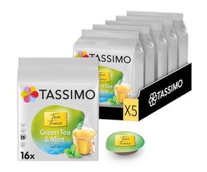 Tassimo, 80 Dosettes Thé Vert à la Menthe Tea Time, Subtil et Frais | Compatibles avec les machines TASSIMO, 80 Thés Vert Menthe, 5 packs de 16 dosettes