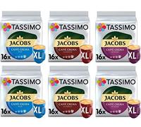 Tassimo Café Jacobs café crema XL Sélection - Jacobs Caffé Crema Mild XL/Classico XL/Intenso XL Dosettes Café - Lot de 6 (96 Boissons)