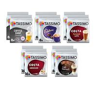 Tassimo Lot de 10 capsules de café Costa Americano/Caramel Latte, Cadbury Choco, Chai Latte (nouveau modèle) Baileys Latte Macchiato - Lot de 96 boissons