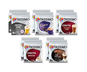 Tassimo Lot de 10 capsules de café Costa Americano/Caramel Latte, Cadbury Choco, Chai Latte (nouveau modèle) Baileys Latte Macchiato - Lot de 96 boissons