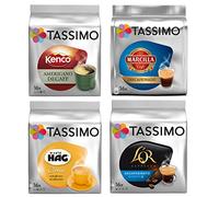 Tassimo Lot de 4 décaféinés pour amateurs de décaféiné - 1 x Kenco Americano Decaf, Cafe HAG Crema, LOR Espresso Decaf, Marcilla Espresso Decaf (tous les 4 variétés décaféinées - 64 portions)