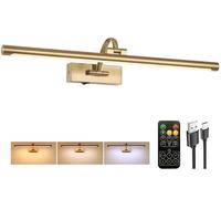 Tassuowell Applique murale à piles avec télécommande, 3CCT à intensité variable pour peintures, laiton rechargeable, 61 cm, applique murale à piles pour éclairage d'art, galerie, portrait, œuvres