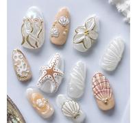 Tastetreasure 30 pcs 3D Fleurs sur ongles à presser, faux ongles en forme d'amande orange océan avec charmes d'étoiles de mer, kit de colle pour ongles pour les femmes, art des ongles d'été