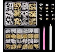 Tastetreasure Lot de 10 000 breloques pour ongles dorées et argentées : nœuds 3D, étoiles, cœurs, perles de caviar et strass avec stylo de cire et pince à épiler - Décoration métallique de luxe pour