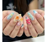Tastetreasure Lot de 30 ongles artificiels à presser en forme d'île d'été - Amande - Fleurs 3D et gouttes d'eau - Dégradé de couleur bleu océan - Pour femme - Avec lime adhésive