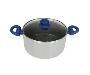 Tasty 678540 Casserole à induction avec dosage d'huile et couvercle, casserole, faitout, faitout à induction, Aluminium pressé, Polyester silicone, Verre, Greblon® C3, Gris, Bleu, 24 x 18 cm