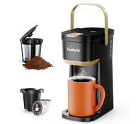 Tastyle Cafetière à une seule tasse pour tasses K et moulues, mini cafetière avec poignée portable, taille de bière de 150 à 300 ml, pour voyage, camping, bureau, RV et chambre, 120 V, noir et doré