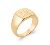 Tata Gisèle Bague Chevalière en Plaqué Or 18 Carats - Cabochon Arrondi avec Motif Feuille - Gravure Incluse - Ecrin Offert (52)