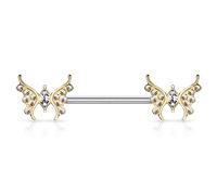 Tata Gisèle Piercing Barbell Sein Teton en Acier Chirurgical 316L et Oxyde de Zirconium - Papillon avec Marquise - 37,6 mm (Or Doré/Clair)