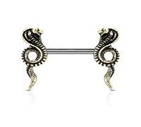 Tata Gisèle Piercing Barbell Sein Teton en Acier Chirurgical 316L - Serpent Naja Dressé - (Antique Gold)