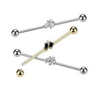 Tata Gisèle Piercing Industriel en Acier Chirurgical 316L et Oxydes de Zirconium. Motif Central composé de 3 zircons : 1 rond et 2 baguettes (Doré/Noir)