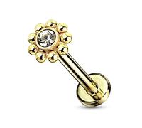 Tata Gisèle Piercing Labret Monroe en Acier Chirurgical 316L - Billes d'acier Autour d'un Cristal Transparent sur Goujon à Dos Plat - 6 ou 8 mm - (Or Doré/Transparent, 6)