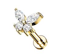 Tata Gisèle Piercing Labret Monroe en Acier Chirurgical 316L et Oxydes de Zirconium - Papillon Corps Quatre Zircons - Goujon à Fond Plat et Filetage Intérieur - (Or Doré/Clair, 6.00)