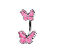 Tata Gisèle Piercing Nombril en Acier Chirurgical 316L - Double Papillon - (Argenté/Rose)