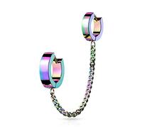 Tata Gisèle Piercing Oreille Lobe et Cartilage en Acier Chirurgical 316L - Deux Créoles Reliées Entre Elles par Une Chaîne - (Arc en Ciel)