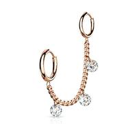 Tata Gisèle Piercing Oreille Lobe et Cartilage en Acier Chirurgical 316Let Oxydes de Zirconium - Deux Créoles Reliées Entre Elles par Une Chaîne avec 3 Zircons Transparents Suspendus - (Or Rosé)