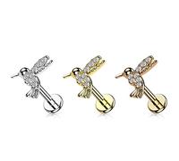 Tata Gisèle Piercing pour Cartilage Labret Monroe en Acier Chirurgical 316L et Oxydes de Zirconium - Oiseau Colibri Pavé de Zircons sur Goujon à Fond Plat et Filetage Interne - (Or Rosé/Clair, 8)