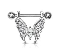 Tata Gisèle Piercing Sein Téton en Acier Chirurgical 316L et Cristal - Papillon Aux Ailes Pavées de Cristal avec Marquise en Cristal pour Le Corps - (Argenté/Transparent)