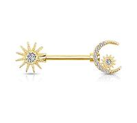 Tata Gisèle Piercing Sein Téton en Acier Chirurgical 316L et Oxydes de Zirconium - Harmonie Astrale Entre Soleil et Croissant de Lune Pavés de Zircons - (Or Doré/Transparent)